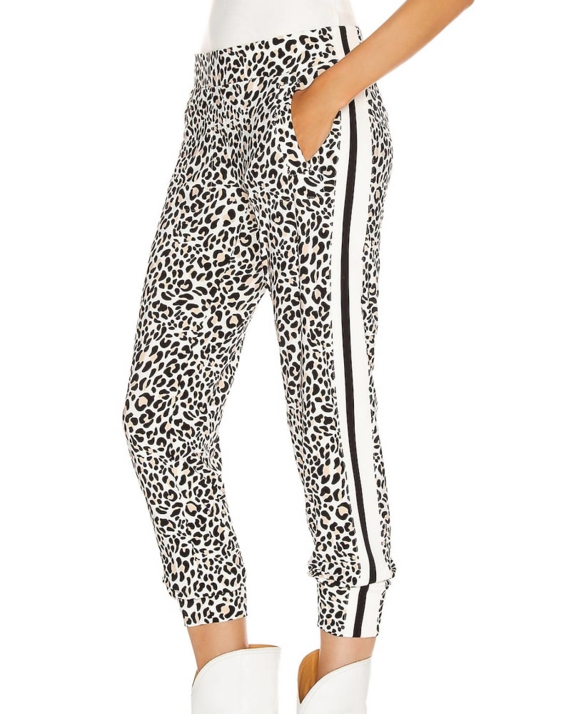Front of a model wearing a size L Side Stripe Jog Pant In Baby Leopard/Offset Stripe in Baby Leopard/Offset Stripe by NORMA KAMALI. | dia_product_style_image_id:355464